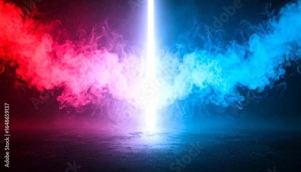 Fototapeta 赤と青の煙が中央でぶつかる幻想的な対峙シーン　対決　VS 　赤と青の煙