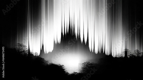 Fototapeta Ethereal landscape with cascading light beams illuminating a mystical forest at dusk