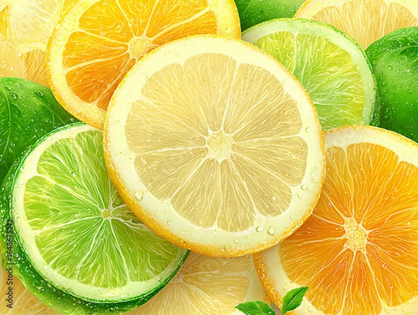 Fototapeta Freshly sliced citrus fruits including lemons, limes, and oranges with water droplets