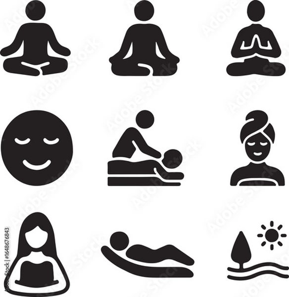 Fototapeta A set of black vector yoga icons with silhouettes of people in various poses