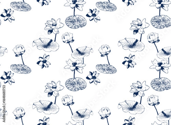 Fototapeta Chinoiserie Inspired Toile de Jouy seamless pattern. East lotus flowers in Monochrome Elegance