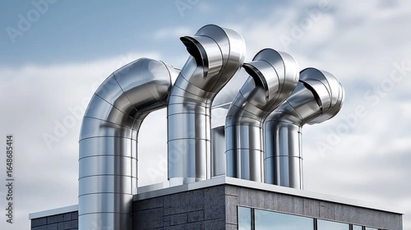 Fototapeta Modern building exterior with stainless steel flue chimneys and a curved metal exhaust pipe, symbolizing innovation in architecture.