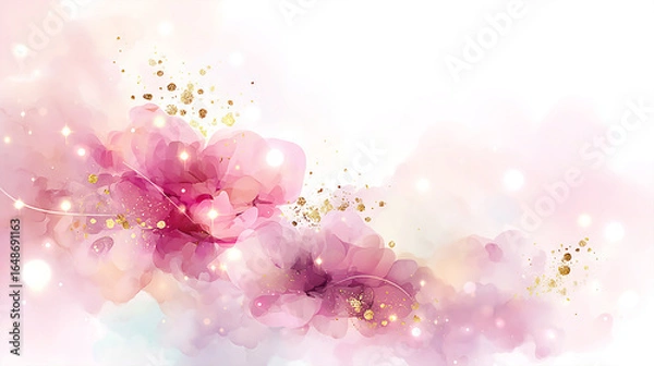 Fototapeta Soft pink and gold abstract floral design with gentle swirls and sparkling accents
