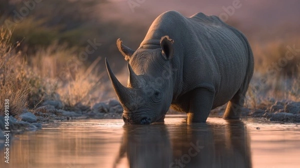 Fototapeta Image of a large wild rhinoceros drinking water in a lake at sunset