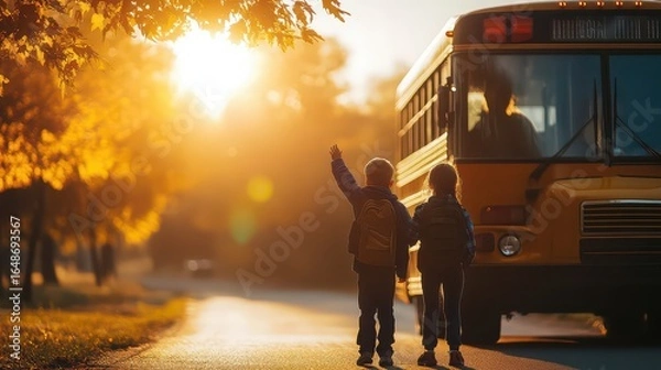 Obraz Children waving at a yellow school bus on a sunny autumn day with trees and a bright sky in the background