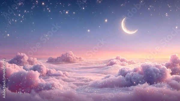 Fototapeta A dreamy view of a night sky above fluffy clouds.