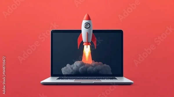 Fototapeta A rocket taking off from a laptop keyboard, representing startup launch and innovation.