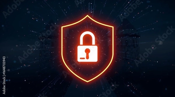 Fototapeta A stylized shield with a glowing padlock icon, against a backdrop of a digital fortress.