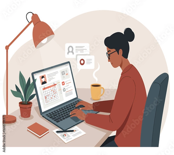 Fototapeta Focused woman working remotely at desk with laptop, calendar, and coffee, planning tasks efficiently.