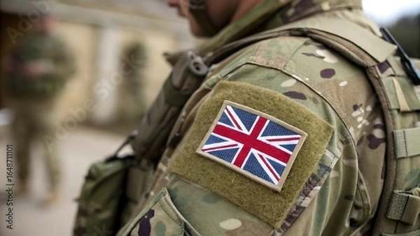 Obraz Close-up of British Army soldier's uniform detail; Union Jack flag patch on camouflage tactical vest.