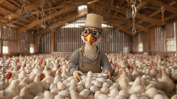 Fototapeta Anthropomorphic Rooster Farmer with Eggs in Chicken Coop