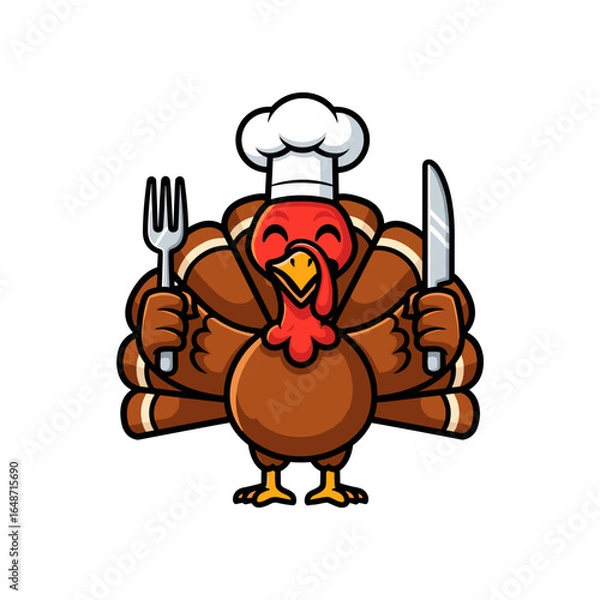 Obraz Cartoon Turkey Chef Holding Fork and Knife Vector Illustration