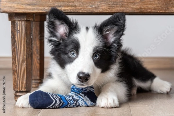 Fototapeta Adorable black and white puppy lying under a wooden table with a sock in its mouth