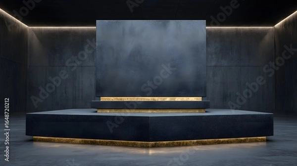Fototapeta Dark, modern, geometric display platform with lighting accents.