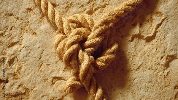 Fototapeta Close-up view of a knot in a light beige rope against a textured surface.