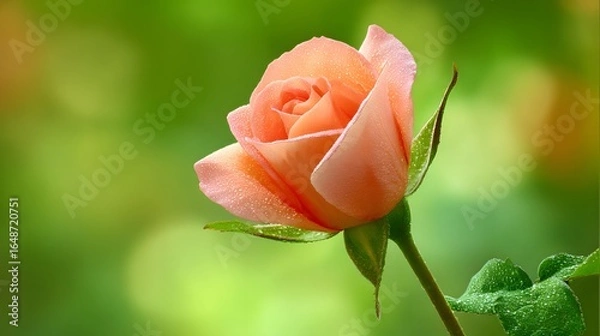 Fototapeta Peachy rose in soft focus against a green backdrop.
