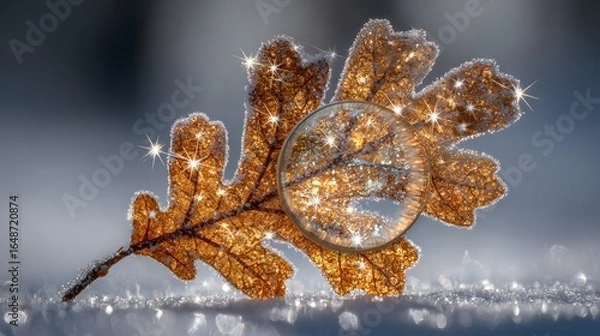 Fototapeta Golden leaf adorned with frost and ice crystals.