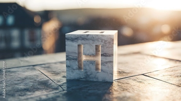 Fototapeta Light-toned marble cube with letter H design on a stone surface.