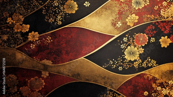 Obraz 和柄背景 豪華な和風壁紙 花模様 金色アクセント 高級感ある装飾 伝統美 和風デザイン素材 テクスチャー背景 商用利用可能 豪華背景デザイン 和柄パターン 和風アート背景 高級インテリア壁紙 華やか装飾素材 印刷用背景 和柄テキスタイル 豪華和風アート