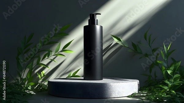 Fototapeta A black cosmetic bottle displayed on a stone podium surrounded by greenery.