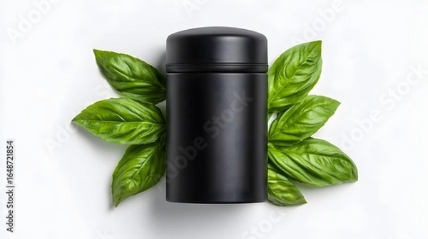 Fototapeta Black container surrounded by fresh basil leaves.