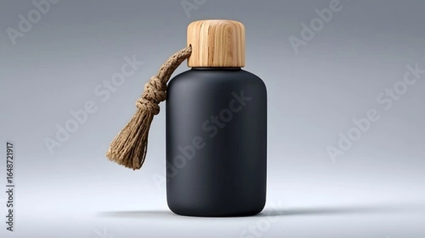 Fototapeta Empty black bottle with wooden cap and jute tassel.