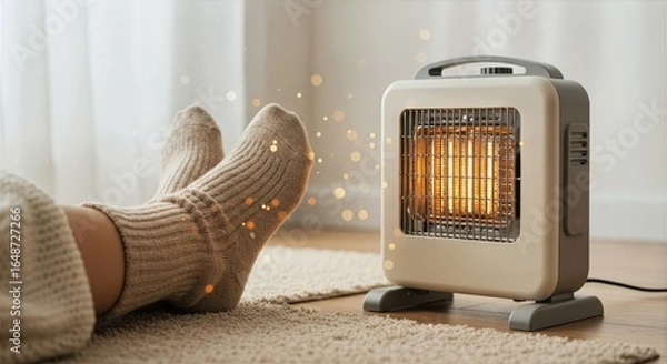 Obraz Soft warm lighting envelops feet near portable heater on a cozy rug with sparks emanating softly