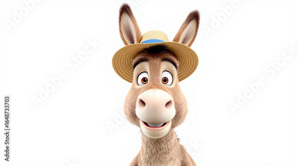 Obraz Friendly Animated Donkey in Straw Hat on White Background