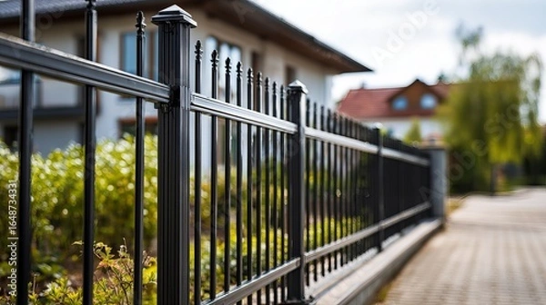 Fototapeta Close-up of a black wrought iron fence beside a modern home, framed by lush greenery and a sunny sky.