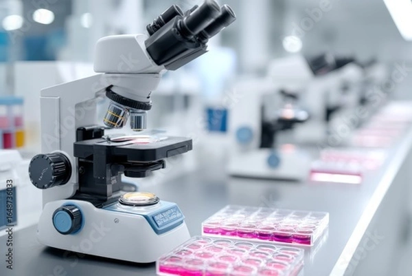 Fototapeta A pathology lab with microscopes and sample trays An AI program is analyzing tissue samples for diagnosis The mood feels careful and methodical, Generative AI 