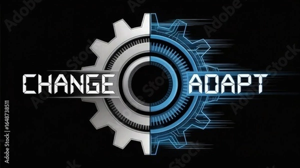 Fototapeta Change & Adapt: A graphic design of a gear with the words Change and Adapt, the overall design highlighting the concept of transformation in technology or engineering field.