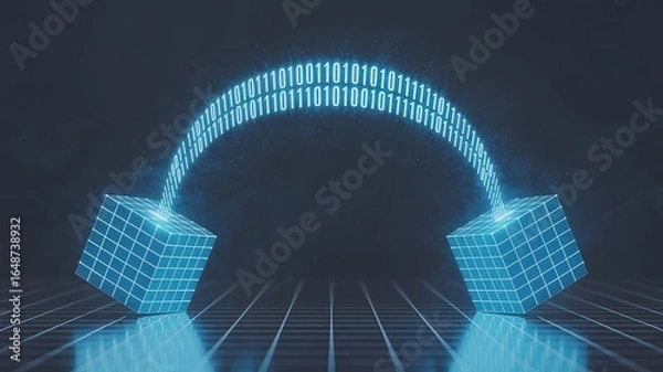 Fototapeta Digital Gateway: A stylized, futuristic representation of data transfer and information flow, depicted by glowing cubes and a binary bridge across a dark background.