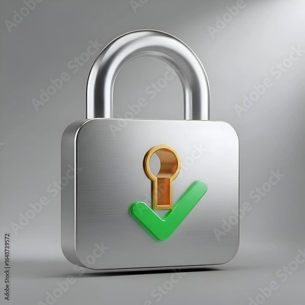 Fototapeta Shiny Metal Padlock with Green Shield and Checkmark Security Icon

