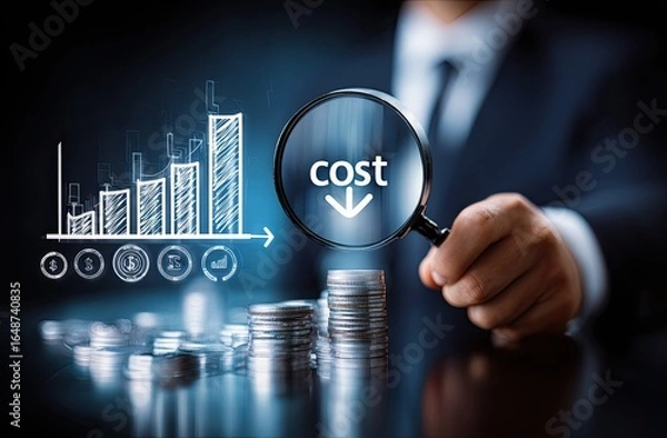 Fototapeta Businessperson examines cost reduction graph with magnifying glass over coins