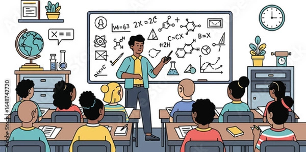 Obraz Engaged students learn science from a passionate teacher at a modern classroom whiteboard