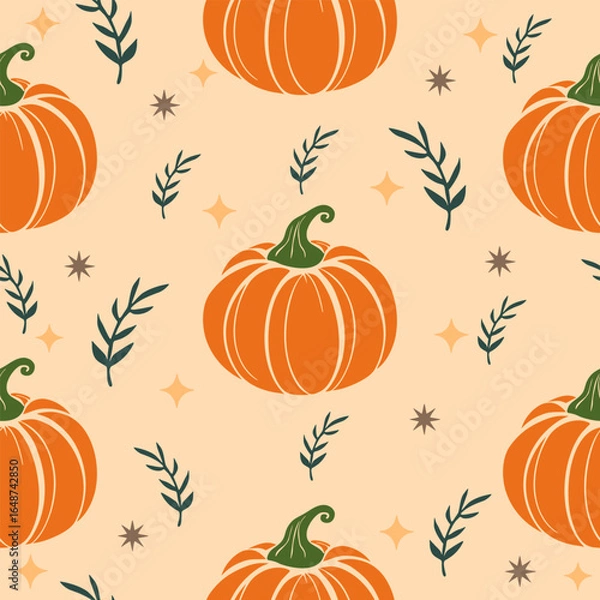 Obraz Orange Pumpkin Seamless Pattern with Leaves on Beige Background