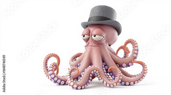Fototapeta Stylish 3D Cartoon Octopus Character in a Grey Top Hat