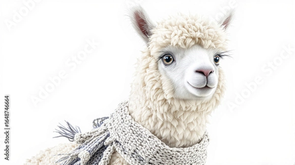 Fototapeta Charming Fluffy White Alpaca Wearing Cozy Knitted Scarf, Isolated on White Background with Gentle Smile