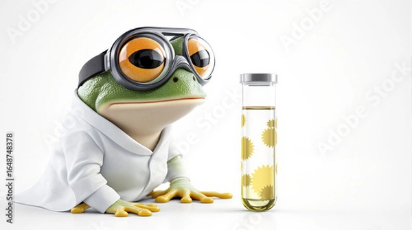 Fototapeta Cartoon Frog Scientist Analyzing Liquid Sample in Test Tube