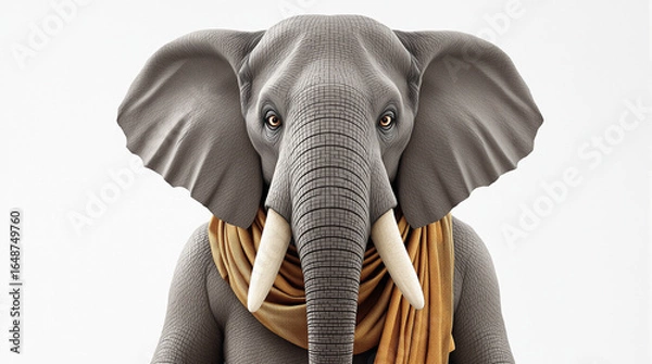 Fototapeta Majestic Elephant-Headed Figure in Golden Drape on White Background, Symbolic Digital Art