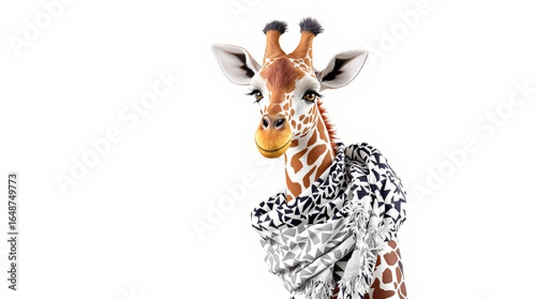 Fototapeta Elegant giraffe with a chic patterned scarf, isolated on white
