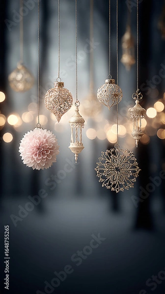 Fototapeta Elegant holiday ornaments hanging in a misty forest, with soft bokeh lights in the background