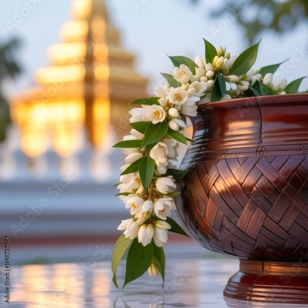 Fototapeta Traditional Thai Jasmine Garland on Alms Bowl with Golden Pagoda – Spiritual Offering Scene
A serene jasmine garland on a woven monk’s alms bowl, set against a golden pagoda in soft sunset light. 
