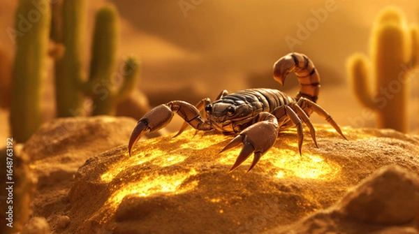 Fototapeta Intense Desert Scorpion on Glowing Rock with Golden Light and Cacti Background
