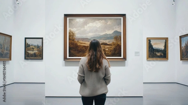 Fototapeta A woman viewing a large landscape white-framed picture in an art museum with white walls and a gray floor. High-resolution, crisp, detailed. 