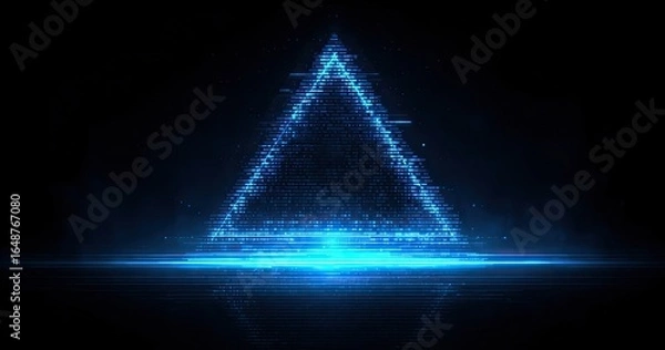 Obraz A glowing, digital triangle, outlined with blue light, on a dark background