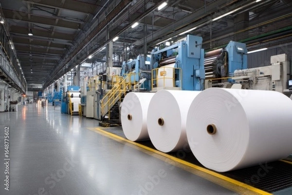 Fototapeta A large printing press facility with stacks of paper rolls An AI system is aligning pages for perfect output The mood feels smooth and dependable, Generative AI 