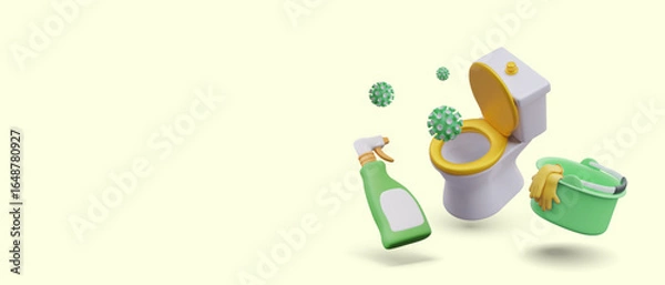 Fototapeta Toilet disinfection concept. 3D toilet with open lid, viruses, spray with blank label, bucket with rubber gloves. Hygiene, sanitary measures, destruction of bacteria in loo