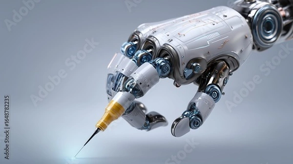 Fototapeta Futuristic and Medical research concept, Futuristic robotic hand holding a syringe for advanced technology applications.