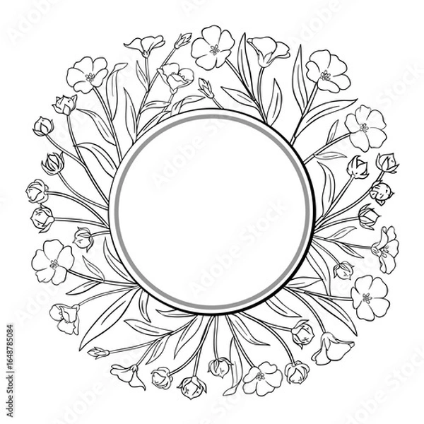 Fototapeta Flax Branch with Flowers and Leaves Outline Round Frame. Organic natural nutritional healthy food ingredient, vegetarian diet product. Vector isolated for design or decoration.